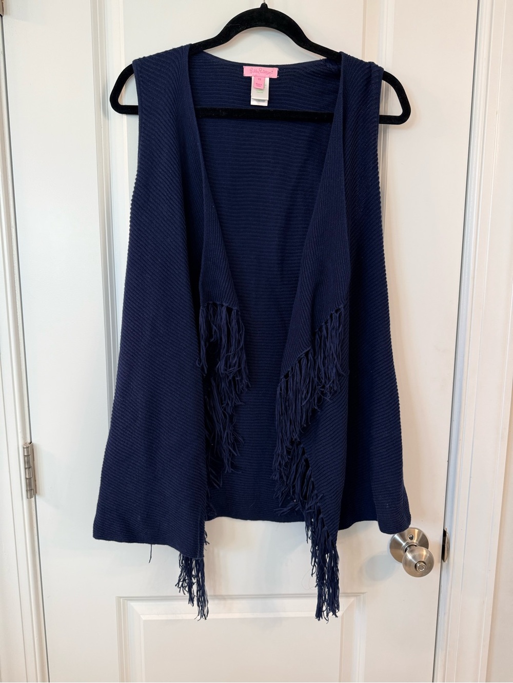Lilly Pulitzer Navy Blue Fringe Open Front Knit Vest XS
